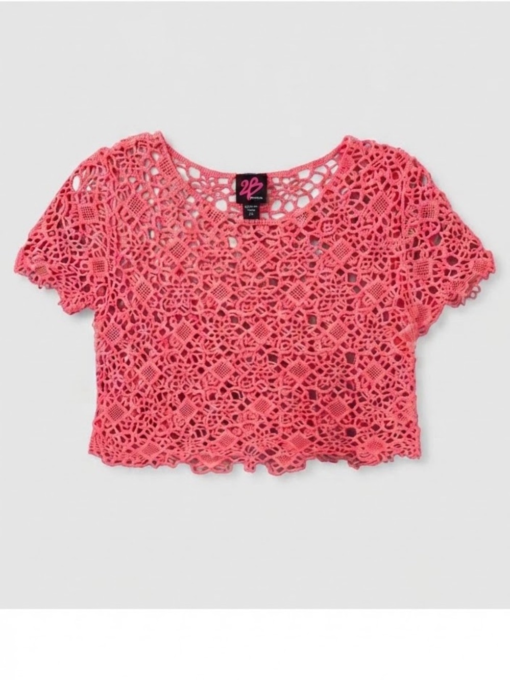 2B BEBE Coral Pink Crochet Crop Top Short Sleeve Mesh Knit Boho Festival / XS⁠